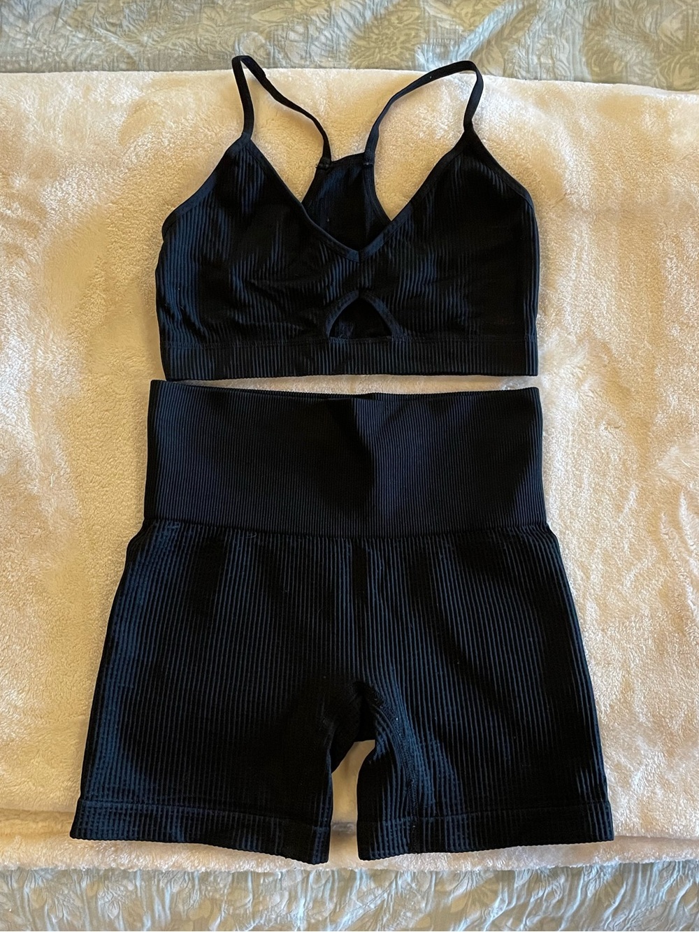 Colsie Black Ribbed V-Neck Bralette & High-Waist Shorts Set